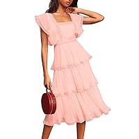 Summer Ruffle Dress for Womne Lace Tiered Short Sleeve Boho Floral Print Chiffon Party Midi Dress