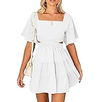 Women's Summer Dresses Square Neck Casual Short Sleeves Crossover Elastic Waist Party Mini Dress