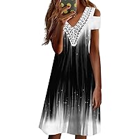 Women Summer Dresses 2023 Elegant Printed Cold Shoulder V Neck Lace Patchwork Party Midi Dress
