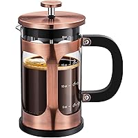 BAYKA 21 Ounce French Press Coffee Tea Maker Small, Stainless Steel Coffee Press Single Serve, Heat Resistant Thickened Borosilicate Glass, Copper 0.6 Liter