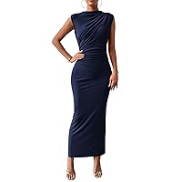 BTFBM Women's Ruched Bodycon Dress Summer Casual Sleeveless Back Slit Elegant Club Evening Party Cocktail Maxi Dresses