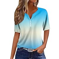 Tops for Women Trendy T Shirt Tee Print Button Short Sleeve Daily Weekend Fashion Basic V-Neck Regular Top, S-3XL