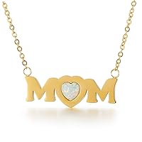 Qings MOM Necklace 18K Gold Plated White Opal Necklace,Love Heart Mom Letter Pendant Necklace Birthday Gifts for Grandmother Mom Wife