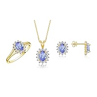 Women's Yellow Gold Plated Silver Birthstone Set: Ring, Earring & Pendant Necklace. Gemstone & Genuine Diamonds, 6X4MM Birthstone. Perfectly Matching Friendship Jewelry. Sizes 5-10.