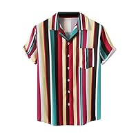 Mens Striped Hawaiian Shirt Regular Fit Casual Button Down Short Sleeve Summer Beach Dress Shirts Holiday T Shirts