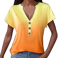 Feather Tops for Women Women's Casual Gradient Printed Button V Neck T Shirt Fashion Women T Shirt Stripe
