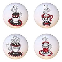 SET OF 4 KNOBS - Red and Black Espresso Cups - Coffee Tea Espresso - DECORATIVE Glossy CERAMIC Cupboard Cabinet PULLS Dresser Drawer KNOBS