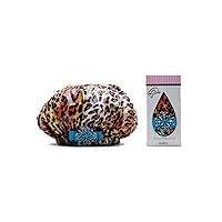 Designer Shower Cap For Women - Washable, Reusable - Large Bouffant Cap With Vintage Jeweled Brooch (Divah Cheetah)