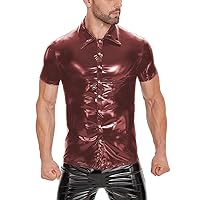 Mens Short Sleeve Turn-Down Collar Shiny PVC Shirt Wetlook Patent Leather Button-Up T-Shirt Male Tops Clubwear Casual Clothes