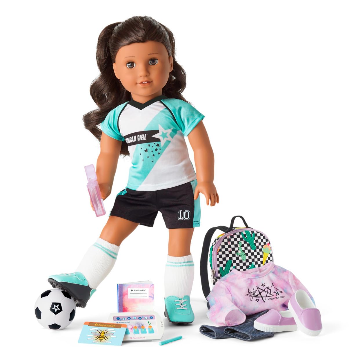 American Girl Truly Me 18-inch Doll 82 and School Day to Soccer Play Set with Brown Eyes, Curly Dark-Brown Hair, tan Skin with Warm Neutral Undertones, tie-dye Sweatshirt, Supplies, Game Gear Ages 6+