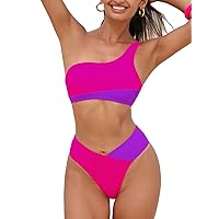 CUPSHE Women's Bikini Sets Two Piece Bathing Suit High Waisted One Shoulder V Cut Cheeky Color Block