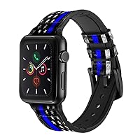 CA0632 Thin Blue Line USA Leather & Silicone Smart Watch Band Strap for Apple Watch iWatch Size 42mm/44mm/45mm
