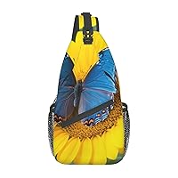Sunflower Blue Butterfly Printed Crossbody Sling Backpack,Casual Chest Bag Daypack,Crossbody Shoulder Bag For Travel Sports Hiking