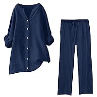 Womens 2 Piece 2024 Spring Clothes Fashion Outfits Wide Leg Palazzo Pants Blouses Matching Sets Cotton Linen Tracksuit