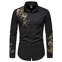 Fashion Floral Printed Dress Shirt for Mens Long Sleeve Lightweight Button Down Tees Stand Compression Tops