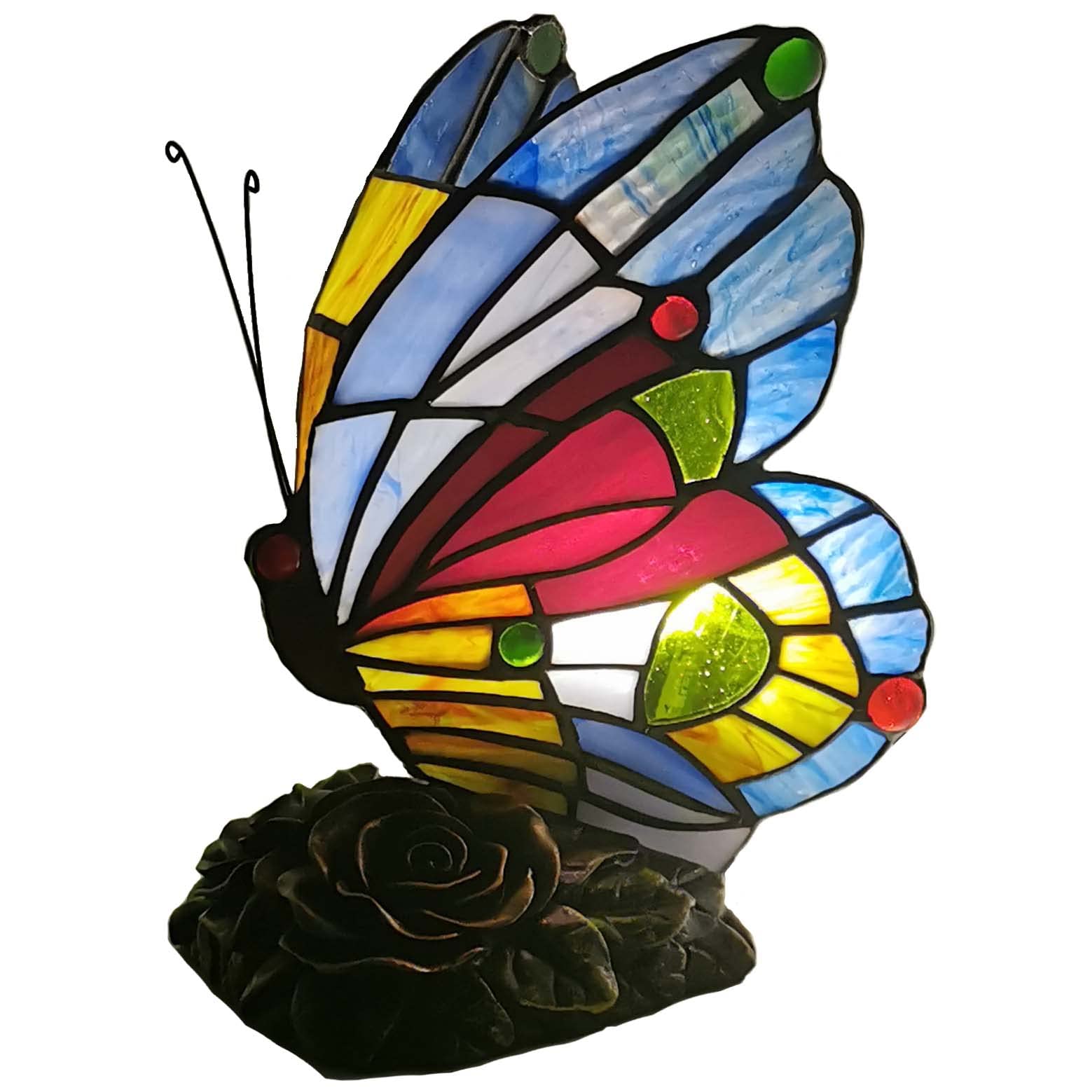 Bieye L10042 Butterfly Tiffany Style Stained Glass Accent Table Lamp Night Light for Bedside Bedroom Living Room (Multi-Colored E)