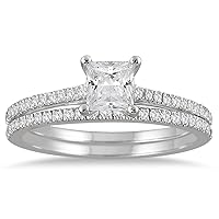 AGS Certified 1 Carat TW Princess Cut Diamond Bridal Set in 14K White Gold