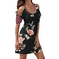 XJYIOEWT Spring Dresses for Women 2024 Sexy, Summer Women Crew Neck Cold Shoulder Floral Printed Straps Swing Dress Cut