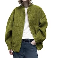 Ainangua Women's Casual Wool Blend Jacket Stand Collar Button Down Long Sleeve Bomber Shacket Jackets Outerwear