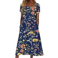 Maxi Dress Long Sleeve Flowy,Women Summer Short Sleeve Floral Print Crew Neck Maxi Slim Dress Light Womens Dres