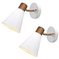 DSMJFU White Wall Sconces Set of Two, Modern Rotateable Wall Light Set of 2, Beside Sconces Wall lamp with Hammered Metal Shade, Rustic Wood Sconce Wall Lighting for Bedroom Living Room Hallway