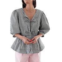 Y2K Babydoll Tops for Women Front Tie Puff Sleeve Peplum Blouses Bandage Lace Up Ruffle Hem Shirts Cute Summer Tops