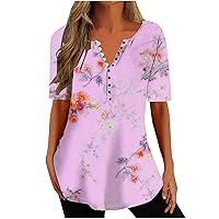 Plus Size Floral Tunic Tops Womens Summer Casual Button V Neck Short Sleeve Loose Fit Fashion Blouse Tshirts