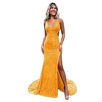 Dexinyuan Sexy Mermaid Sequin Prom Dresses 2024 Slit Spaghetti Straps Formal Party Evening Gown with Train