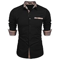 Men Long Sleeve Contrast Fashion Button Shirt Casual Linen Dress Shirt Button Up Shirt Dress Plaid Collar Shirt