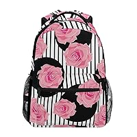 ALAZA Pink Rose Flower On Polka Dot & Stripe Large Backpack Personalized Laptop iPad Tablet Travel School Bag with Multiple Pockets for Men Women College