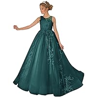 Girls Flower Girl Dress Long Tulle Pageant Dresses for Teens Lace Applique Princess Birthday Party Gown Teal Size 2