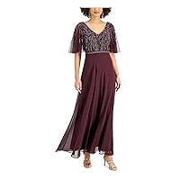 JKARA Womens Burgundy Beaded Sequined Sheer Lined Flutter Sleeve V Neck Full-Length Evening Gown Dress 14