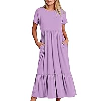 Flowy Pleated Long Beach Dress Women Summer Solid Short Sleeve Crewneck Dress 2024 Casual Ruffle Hem A-Line Dresses