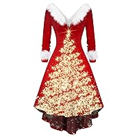 Women's Christmas Dress Fashion V-Neck Casual Fit Print Party Long Sleeve Dress, S-5XL