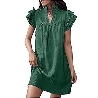 Selling! Womens Summer V-Neck Dress Ruffle Cap Short Sleeve Sundress Loose Mini T-Shirt Dresses Cotton Linen Tunic Dress Bathing Suit Dress Army Green