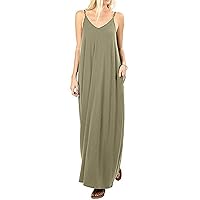 Women's Spaghetti Strap V-Neck Full Length Dress Sexy Sleeveless Camisole Beach Party Dresses with Pocket