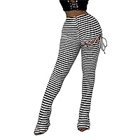 DINGANG Women Fuzzy Flare Stacked Pants, Zebra Black and White Striped High Waist Sweatpants, Knitted Pajama Legging Trendy