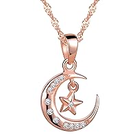 Girl's 925 Sterling Silver Cubic Zirconia Moon and Star Pendant Necklace, Rose Gold Plated