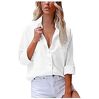 Cotton Linen Button Down Shirt for Women Fall Spring Casual Long Sleeve Solid Color Shirts Loose Work Tops with Pocket