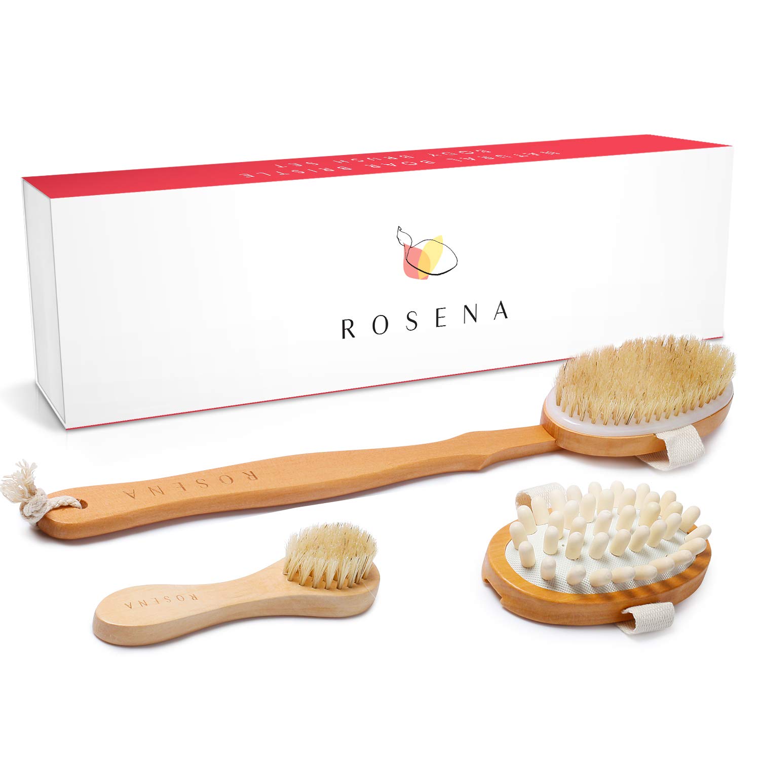 Dry Brushing Body Brush Set – Natural Bristle Spa Exfoliator Kit with Face Cleansing Brush, Long Dry Brushing Body Brush for Lymphatic Drainage & Massaging Cellulite Brush for Smooth, Radiant Skin