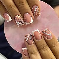 24 Pcs Square Press on Nails Medium,Simple White French Fake Nails with Almond Glitter Leaf Design Artificial Nails Glossy Full Cover Nail Stick on Nails for Women Girls Nails Decoration