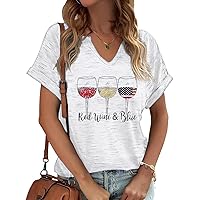 Patriotic V Neck Shirts 4th of July for Women American Flag Graphic Tee Casual Color Block Short Sleeve Summer Tops