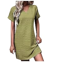 Womens Summer Tshirt Dress 2023 Casual V Neck Rolled Short Sleeve T Shirt Dress Loose Flowy A Line Swing Dress Sundress