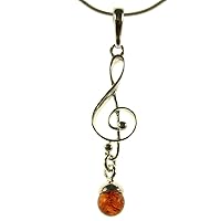 BALTIC AMBER AND STERLING SILVER 925 DESIGNER COGNAC MUSIC CLEF PENDANT NECKLACE - 10 12 14 16 18 20 22 24 26 28 30 32 34 36 38 40