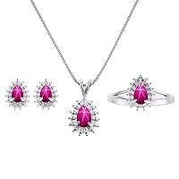 Rylos Matching Jewelry For Women 14K White Gold Diamond & Star Ruby Matching Earrings, Pendant Necklace and Ring Set - with 18