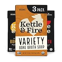 Kettle and Fire Mushroom Chicken, Beef, and Chicken Bone Broth Collagen Variety Pack, Keto, Paleo, and Whole 30 Approved, Gluten Free, High in Protein and Collagen, 3 Pack