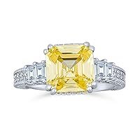Personalize Three Stone Past Present Future Art Deco Style 2CT Canary Yellow AAA CZ Square Princess or Emerald Asscher Cut Engagement Ring For Women Baguettes Side Stone Band .925 Sterling Silver