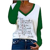Women Valentine's Day Color Block Shirts for God Funny Letter Graphic Tops Long Sleeve V Neck Casual Fashion Blouse