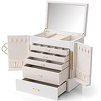 Vlando Large Jewelry Box, 6 Tier Jewelry Boxes & Organizers, Mirror Jewelry Storage Case with 5 Drawers,Faux Leather Watch Earrings Necklace Rings Bracelets Box, Gifts for Women White