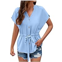 Women's 2024 Casual V Neck Button Batwing Sleeve Shirts Summer Tops Loose Fit Drawstring Elastic Tie Waist Tunic Blouse